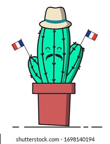 Cute succulent or cactus plant with happy face with hat and mustache. Vector illustration. with flag france .Bright colors. Funny face.