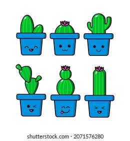 Cute succulent or cactus plant with happy face vector illustration set.