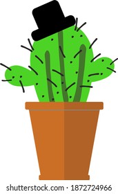 Cute succulent or cactus plant in hat in ceramic pot 