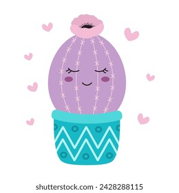 cute succulent or cactus  in pot isolated, cartoon vector illustration of plant with happy face