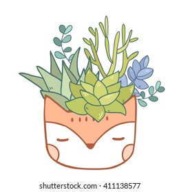 Cute succulent flower fox pot. Vector illustration