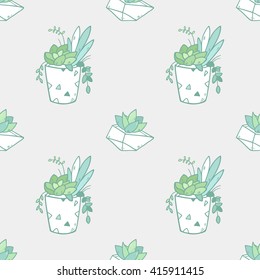 Cute succulent flower pot. Vector seamless pattern