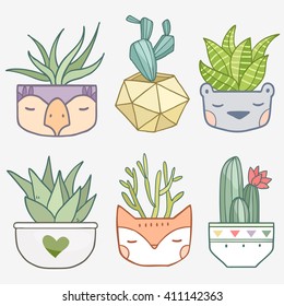 Cute succulent flowers in funny pots. Vector illustration collection set