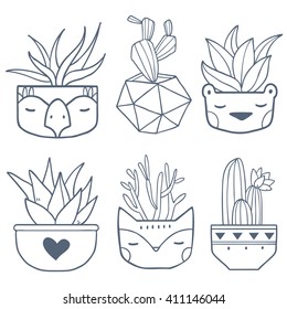 Cute succulent flowers in funny pots. Vector illustration collection set