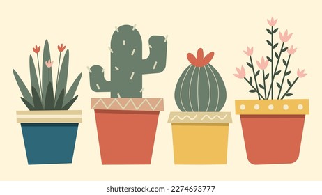 Cute suculento en la olla. Conjunto de cactus de color retro vintage. Todos los elementos están aislados
