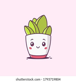 Cute Succulent Plant Kawaii Cartoon Character Vector Illustration