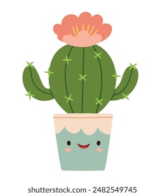 A cute succulent in a pot is smiling.Funny desert plantcharacters with face.Funny desert plants characters with faces. 