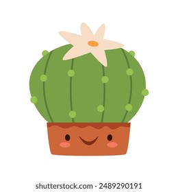 A cute succulent in a pot is smiling.Funny desert plantcharacters with face.Funny desert plants characters with faces.