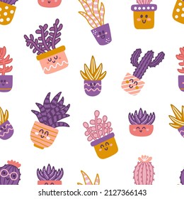 Cute succulents and cacti on white background. Vector seamless pattern of indoor plants in flat hand drawn style with smiles and funny faces.