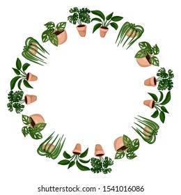 Cute succulents cartoon style wreath ornament design. Set of hygge potted succulent plants. Cozy lagom scandinavian collection of plants