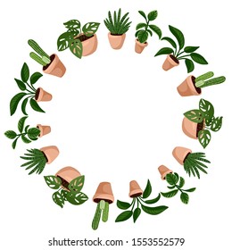 Cute succulents cartoon style wreath ornament design. Set of hygge potted succulent plants. Cozy lagom scandinavian style collection of plants