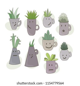 Cute succulents in cups. Vector EPS 10.