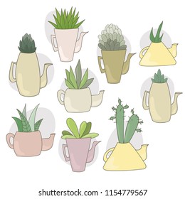 Cute succulents in tea pots. Vector EPS 10.