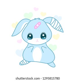 Cute suffering rabbit with injured ear and leg in yami kawaii style