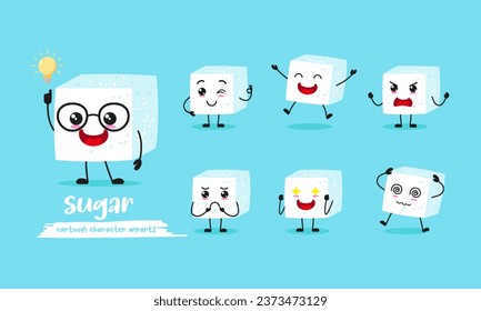 cute sugar cartoon with many expressions. food different activity pose vector illustration flat design set.