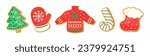 Cute sugar cookies for Christmas vector illustration. Gingerbread mitten, ugly sweater, gift boot, candy cane, christmas tree cookie shapes. Sweet food cartoon icons isolated. Home bakery clipart.