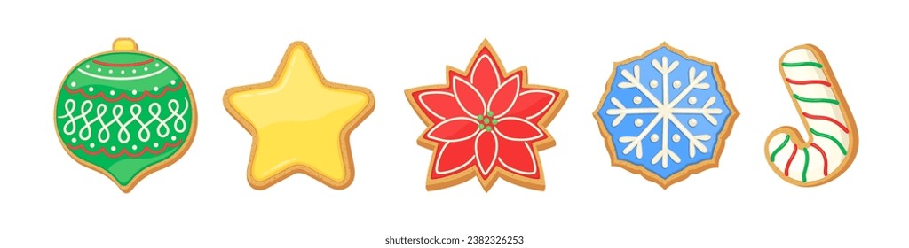 Cute sugar cookies Christmas vector illustration. Gingerbread poinsettia, christmas ornament, snowflake cookie, candy cane, star shape biscuit. Sweet food cartoon icons isolated. Home bakery set.