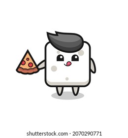 süßer Zuckerwürfelkartoon, der Pizza isst, süßes Design für T-Shirt, Aufkleber, Logo-Element