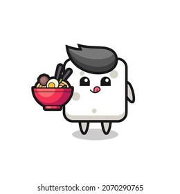 cute sugar cube character eating noodles , cute style design for t shirt, sticker, logo element