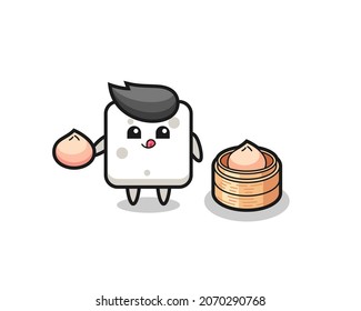 lindo personaje de cubo de azúcar comiendo bollos al vapor , diseño de estilo lindo para camisetas, pegatinas, elemento logo