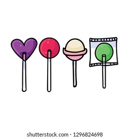 Cute sugar lollipop cartoon vector illustration motif set. Hand drawn sweet treat elements clipart for kitchen foodie blog, food graphic, web buttons.