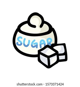 Cute Sugar Pot Cartoon Vector Illustration. Hand Drawn Tea Sweetener Element Clip Art for Kitchen Concept. Sweet Crystal Graphic, Drink and Crockery Web Button Doodle Motif. 