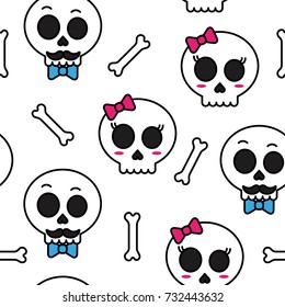 Cute Sugar Skull Boy And Girl Seamless Pattern 