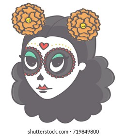 Cute sugar skull girl head in Day of the Dead style, isolated vector drawing on white background