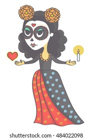 Cute sugar skull girl holding candle and heart. Vector drawing of woman in mexican style for day of the dead or halloween.