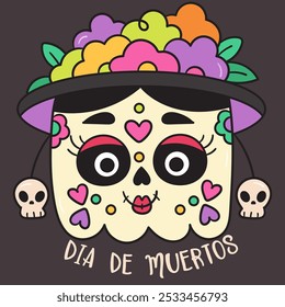 Cute Sugar skull Square Pumpkin Halloween in dia de los Muertos Mexico style kawaii vector Day of the dead flowers. Series: Groovy Retro cartoon (trick or treaters) drawing Kids party holiday festival