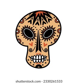 Cute sugar skull vector icon. Festive pink mask of an attractive Mexican man isolated on white. Sketch for the day of the dead, Dia de Muertos. Cartoon clipart, head with hearts. For posters, print