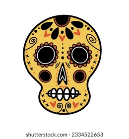 Icono del vector del cráneo de azúcar. Máscara festiva de un buen mexicano aislado en blanco. Dibujando para el día de los muertos, Día de Muertos. Clipart de dibujos animados brillantes, hueso de vacaciones amarillo. Para tarjetas, imprimir, web