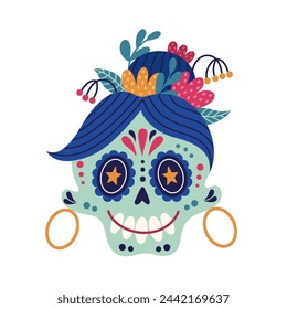 Icono lindo del vector del cráneo del azúcar. Cabeza de mujer con peinado tradicional, adorno pintado, pendientes dorados, flores. Cara sonriente, máscara mexicana para el Cinco de Mayo, Día de Muertos. Dibujo animado