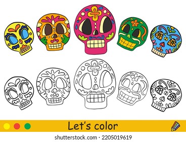 Cute sugar skulls. Day of the Dead or mexican halloween concept. Coloring book page for children with colorful template. Vector cartoon illustration. For print, preschool education and game