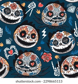 Calaveras de azúcar, patrón sin fisuras con arte digital dibujado a mano con el tema del día de la muerte