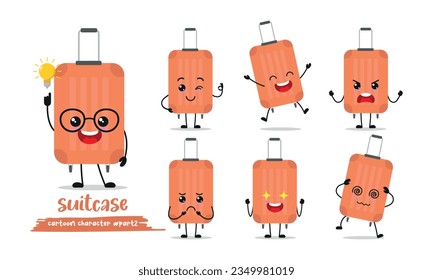 cute suitcase cartoon with many expressions. briefcase different activity pose vector illustration flat design set.