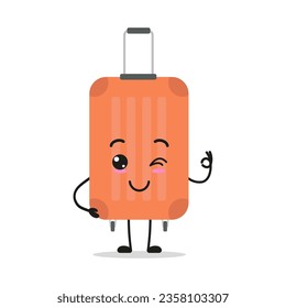 Cute suitcase character. Funny smiling and wink briefcase cartoon emoticon in flat style. bag emoji vector illustration