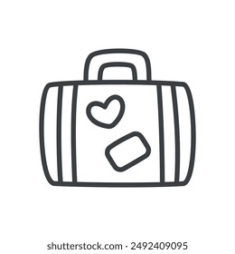 Lindo icono de maleta. Ilustración monocromática dibujada a mano de un maletín de cuero retro aislado sobre un fondo blanco. Concepto de viaje. Vector 10 EPS.