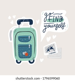 Cute suitcase for travel abroad with quotes, summer vacation trip, hiking and backpacking decorative design elements isolated on white background. Hand drawn cartoon colorful vector illustration.