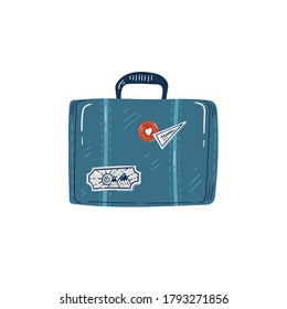 Cute suitcase for travel abroad, summer vacation trip, hiking and backpacking decorative design elements isolated on white background. Hand drawn cartoon colorful vector illustration.