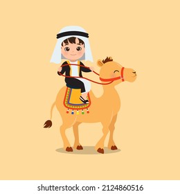Cute sultan boy riding a camel clipart. Flat vector cartoon design