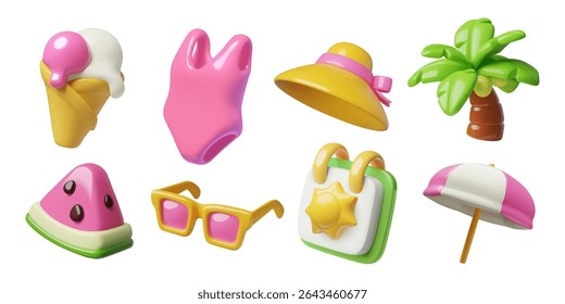 Cute summer 3d vector elements collection. Beach vacation icons set with watermelon, ice cream, sunglasses, pink bikini, hat, calendar with sun, umbrella snd palm tree.
