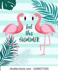 Cute Summer Abstract  Background with Pink Flamingo. Feel this Summer. Vector Illustration EPS10