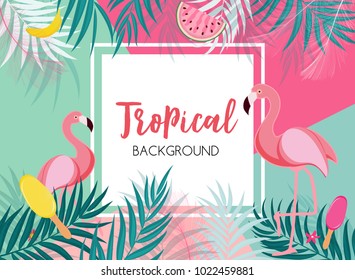 Cute Summer Abstract Frame Background with Pink Flamingo Vector Illustration EPS10