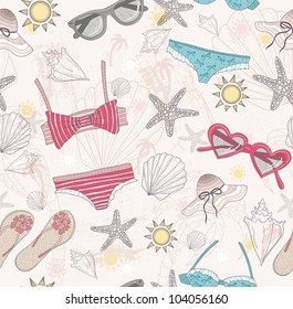 Cute summer abstract  pattern. Seamless pattern with swimsuits, sunglasses, suns, stars,  and seashells . Fun pattern for children or teenager girls.