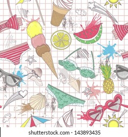 Cute summer abstract pattern. Seamless pattern with swimsuits, sunglasses, suns, ice creams, and seashells . Fun pattern for children or teenager girls.