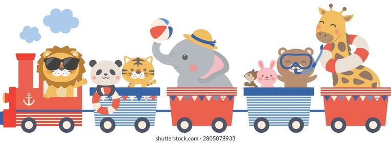 Cute summer animal train with beach toys, safari animals riding colorful railway carts, nursery illustration