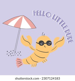 Cute Summer animals crab elephant banana turtle lobster sunglasses palm sun tee design for kids market as vector
