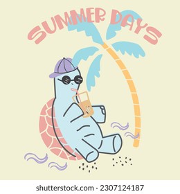 Cute Summer animals crab elephant banana turtle lobster sunglasses palm sun tee design for kids market as vector
