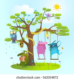 Cute Summer Animals Friends Playing Under The Tree, Swinging, Reading.. Colorful Happy Childish Monsters Creatures And Owl Friendship. Vector Illustration.